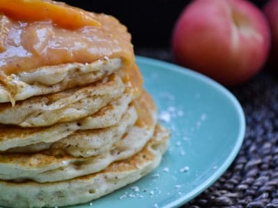 Vegan & Gluten Free Banana Pancakes With A Peach Compote Sauce